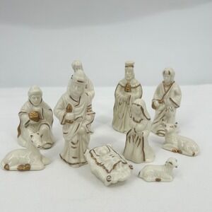 International Bazaar Ivory Gold Porcelain Nativity‎ Set 10 Piece Minature